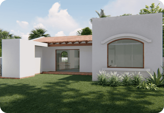 Edificación blanca con patio frontal